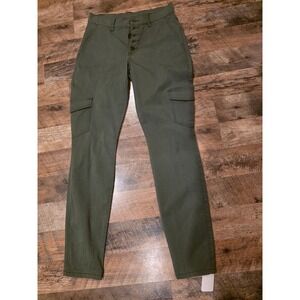 Olive Green High Rise Cargo Pants Slim Fit Button Fly Utility Trousers Women